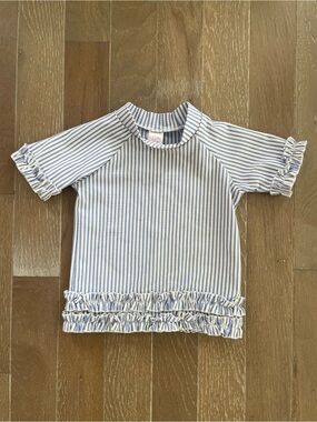 RuffleButts Blue & White Seersucker Rash-guard | Size 3T | EUC